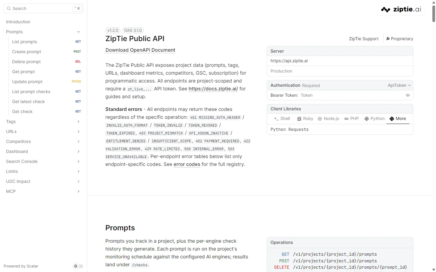 docs.ziptie.ai public API reference with the OpenAPI spec browsable via Scalar