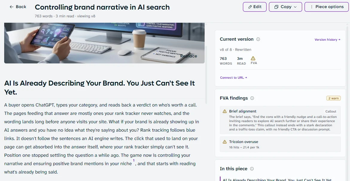 A content piece on its eighth version with an inline citation, two advisory verification warnings and a Connect to URL link