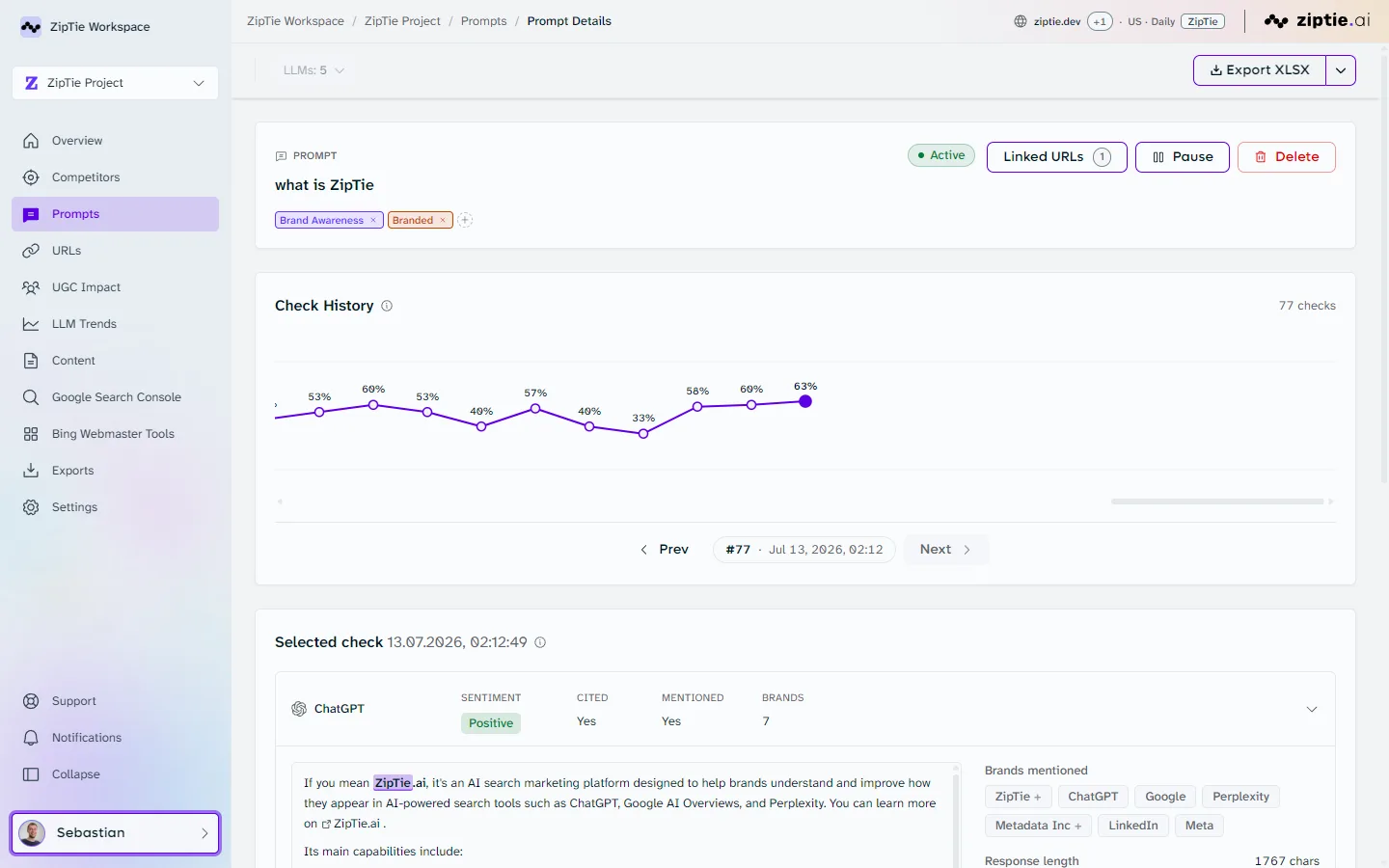 Prompt Details view: check-history trend and per-engine ChatGPT and Perplexity results