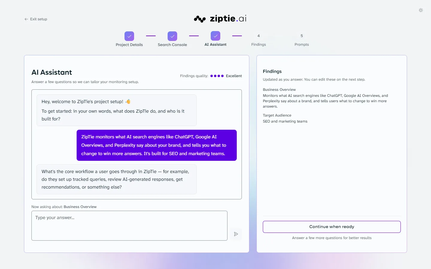 ZipTie Project Wizard: AI assistant chat with live findings panel